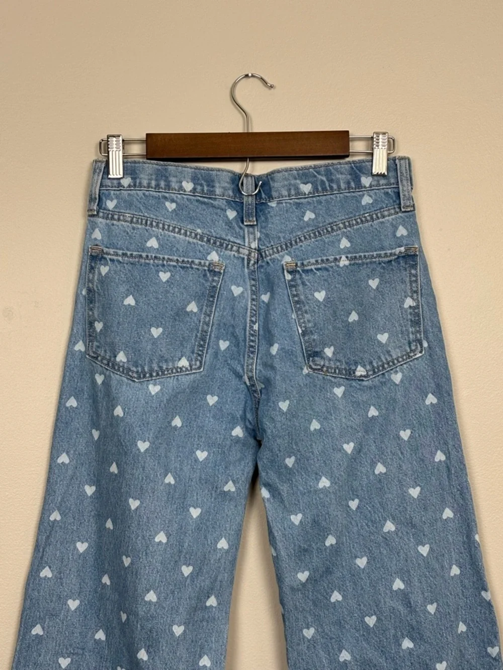Old Navy Jean Girl 16 Blue Baggy Wide Leg Heart Print High Rise Adjustable Denim